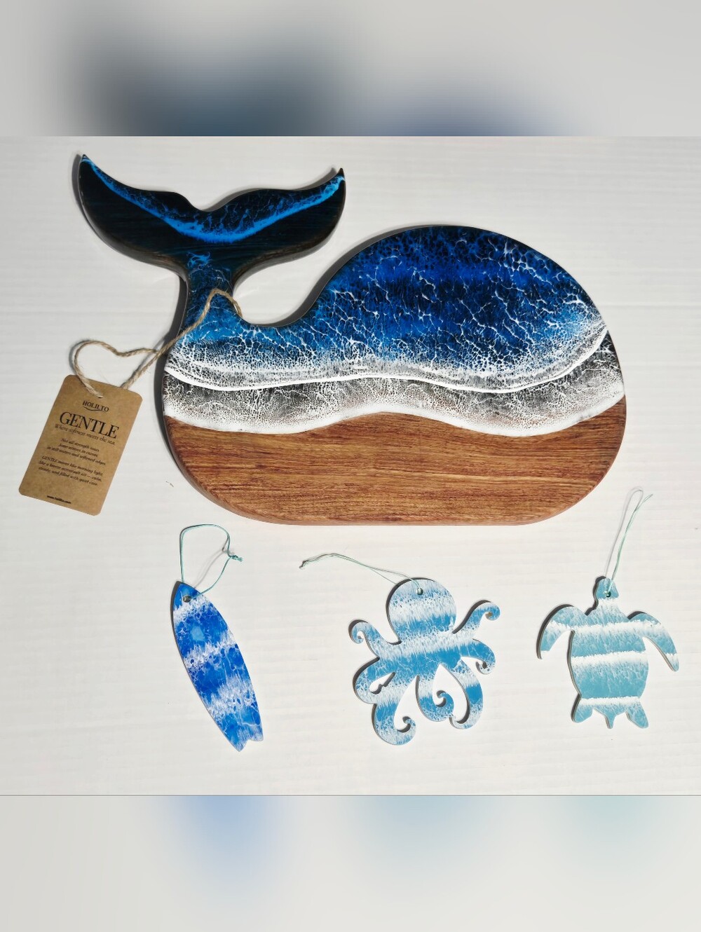 HOLILITO Handmade Whale Acacia Wood Resin Serving Board Gift Set w/ Ornaments
